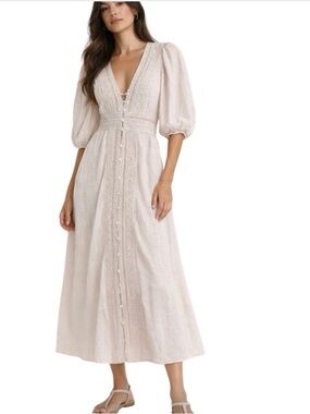 Cleobella Organic Cotton Lace Midi Dress Ivory Cottagecore Prairie Romantic M